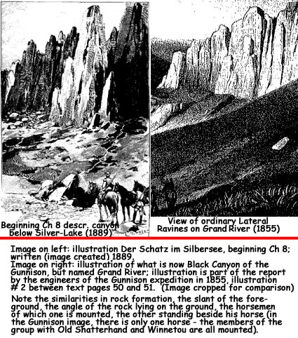 Image comparison between Karl May's illustration of the canyon below Silver-Lake, and the rock formation in the vicinity of the Black Canyon of Gunnison in the report to the US Government, 1855.