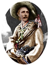 Karl May in Old Shatterhand costume: rosette created from coloured costume photo (b/w) 1896